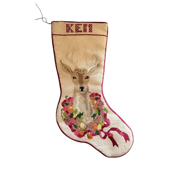 Vintage Needlepoint Reindeer Christmas Stocking Personalized Ken Handmade - Picture 1 of 5